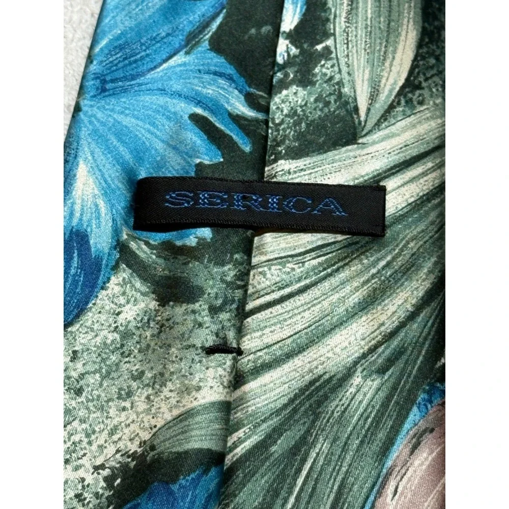 Serica Mens Silk Tie Blue Green Floral Botanical Made in Italy RN 52826